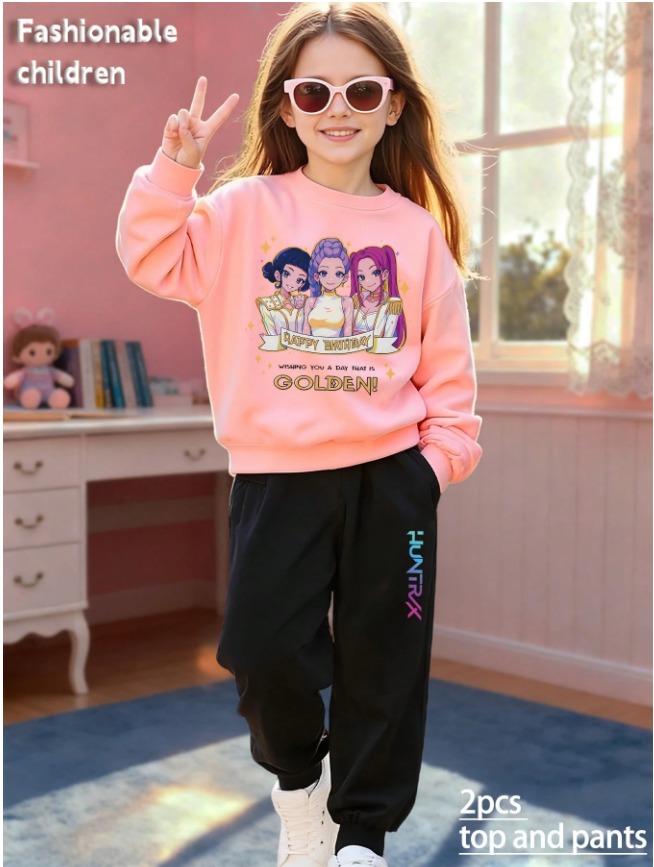 Halloween Witch Hunter Group Pattern Print, Girls' Autumn And Winter Round-Neck Sweatshirt + Pants Set, Clothes For Teenage Girls, Casual Outdoor Sports Style, Comfortable, Soft, Breathable And Skin-Friendly