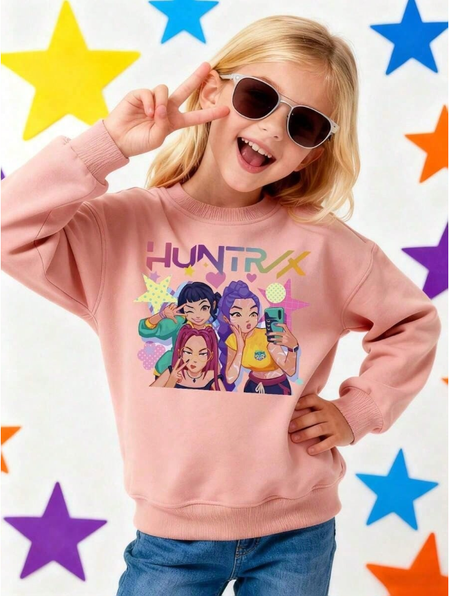 Pink Cartoon Style Fashionable Trio Printed Autumn And Winter Season Versatile Casual Outdoor Children's Clothing For Little Girls Or Boys, Warm Round Neck Hoodie, Durable, Soft And Comfortable, Skin Friendly Children's Clothing Top Can Be Given As A Gift