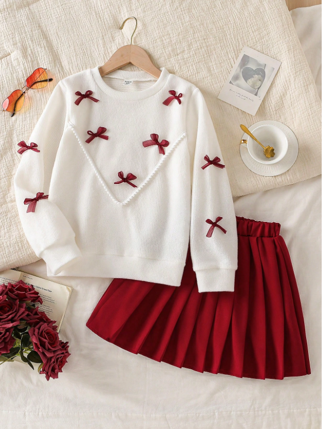 Genkimix Kids 2pcs/Set Tween Girl Christmas Autumn/Winter Korean Fashion Chic Girls Outfit, Bow Decor Sweet Round Neck Long Sleeve Top + Pleated Skirt 2 Pieces