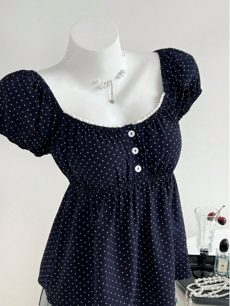 Women's Comfortable Square Neck Polka Dot Print Short Sleeve Blouse
