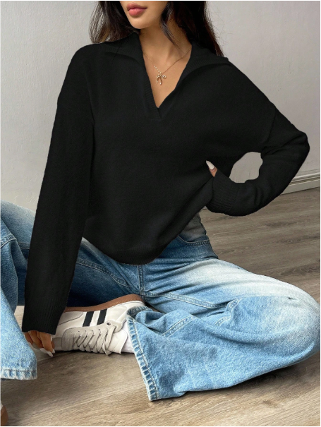 Women's Solid Color Turndown Collar Drop Shoulder Long Sleeve Casual Loose Sweater, Autumn/Winter