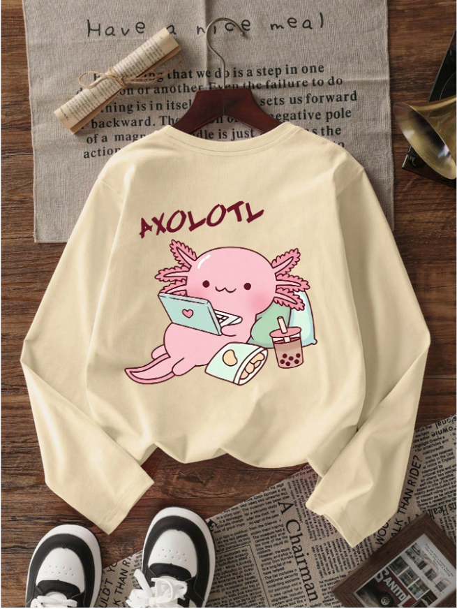 1pc Tween Girls' Casual Salamander Print Long Sleeve T-Shirt, Spring/Autumn, Fashionable, Warm And Comfortable Design For Young Students And Teenagers