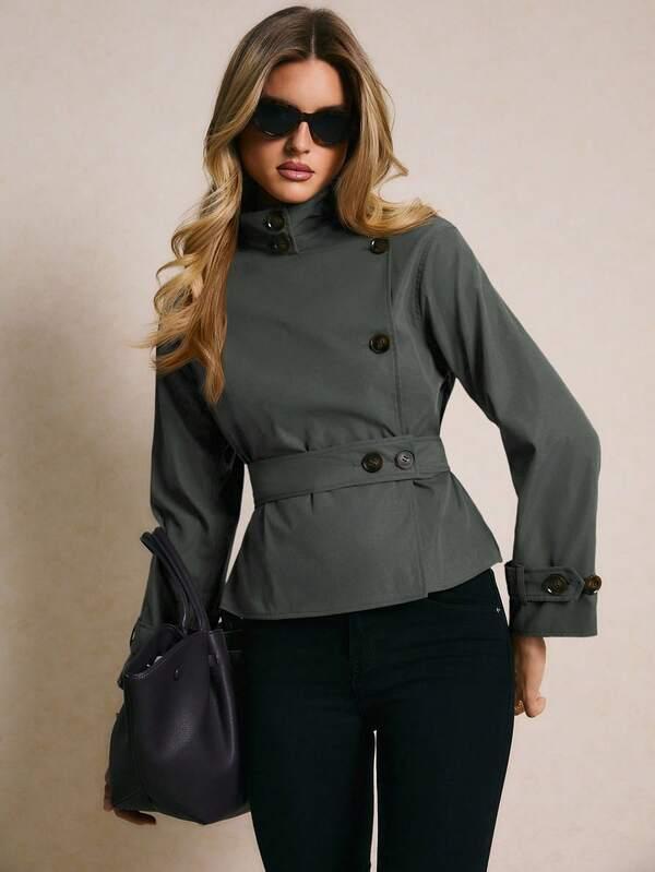 Solid Color Button High Collar Casual Fashion Long Sleeve Windbreaker Jacket Autumn Winter Clothes For Women