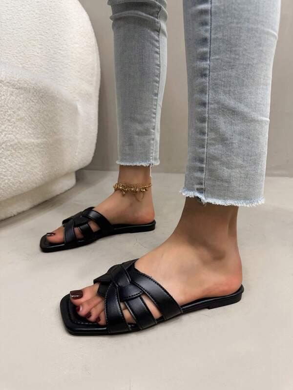 Women's Cross Heart Slip-On Sandals, Fashionable Minimalist Solid Color Flat Open Toe Suitable For Outdoor Casual And Vacations