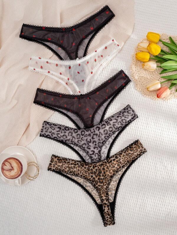 5pcs/Pack Women Solid Color, Strawberry, Leopard Print, Bow Decor Comfortable Thong Panties