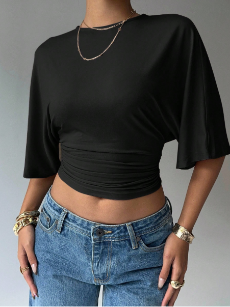Women's Solid Color Round Neck Batwing Short Sleeve Pleated Cropped Casual T-Shirt,Black Tops
