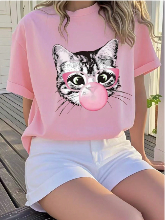 Tween Girl Casual Fun Print Round Neck Short Sleeve T-Shirt, Summer Top