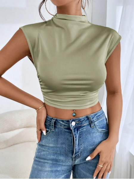 Solid Color Ruffled Half High Neck Tank Top For Summer