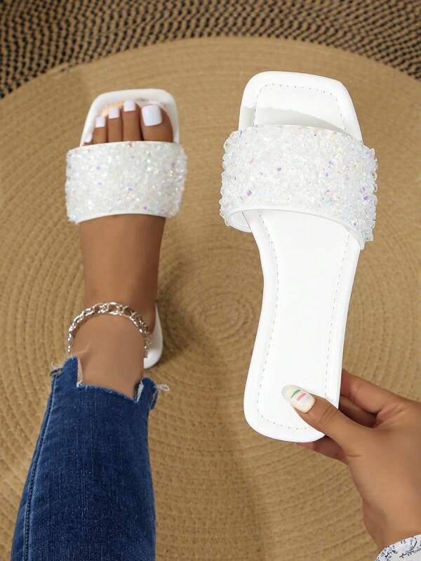 Sequin Square Toe Slide Sandals, Open Toe Mule Slippers, Soft Flat Comfortable Casual Versatile Women Sandals Valentines
