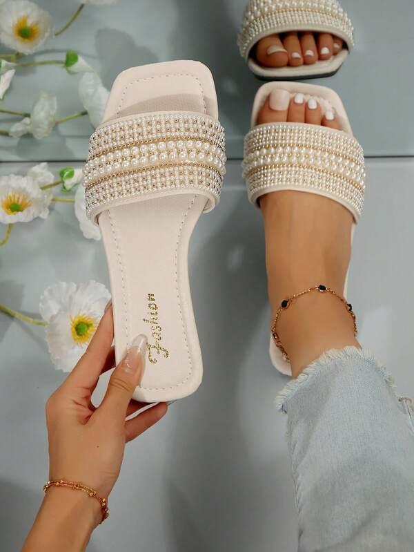 Rhinestone Flat Sandals For Women, Outdoor Wear, New Stylish Square Toe Strap Slides