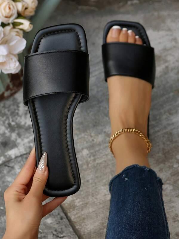 Women's Leather Flat Slide Sandals, Black Lightweight Soft Bottom Low Heel Slip-On Mule Sandals For Summer Casual Wear
