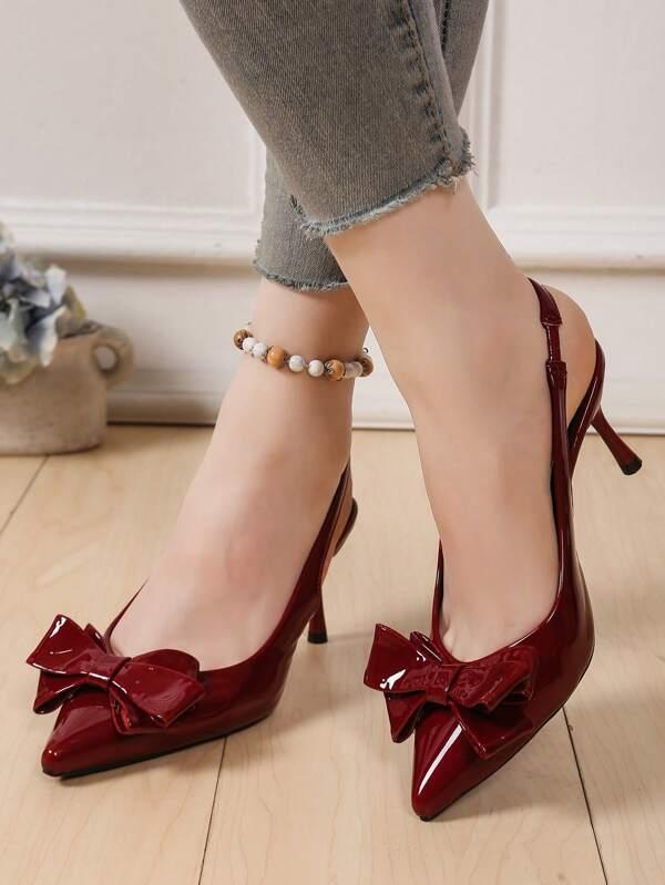 Classic French Style Elegant Strap Sandals With Bowknot Decor, Pointed Toe High Heels, Chic Lady-Like Slip-On Sandals
