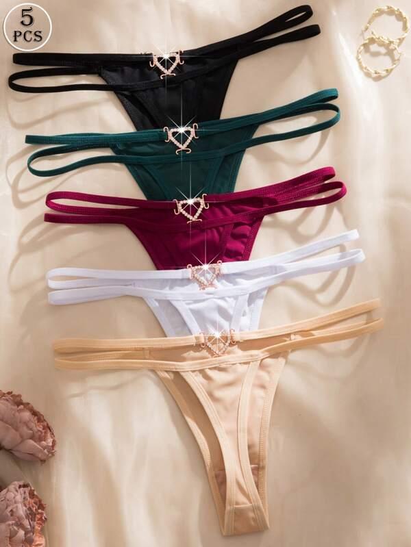 5pcs/Set Comfortable Heart Rhinestone Decor Romantic Solid Color Women's G-String Sexy Panties