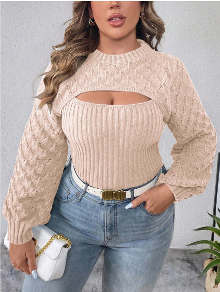 Plus Size Solid Color Hollow Out 2 In 1 Sweater, Casual For Autumn