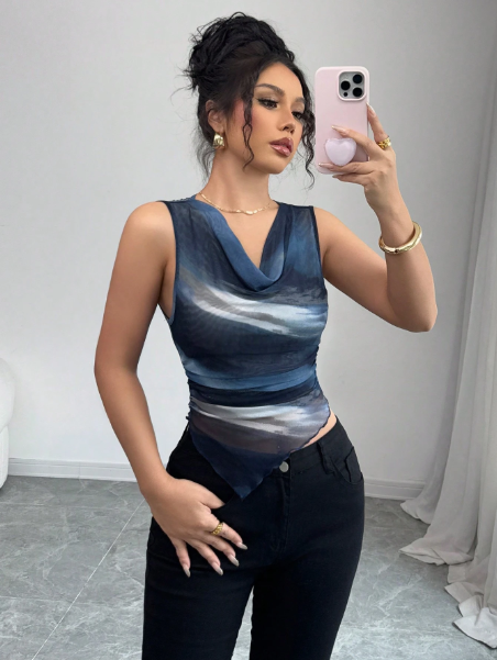 Women's Sleeveless Printed Slim Fit Tank Top, Casual & Suitable For Vacation