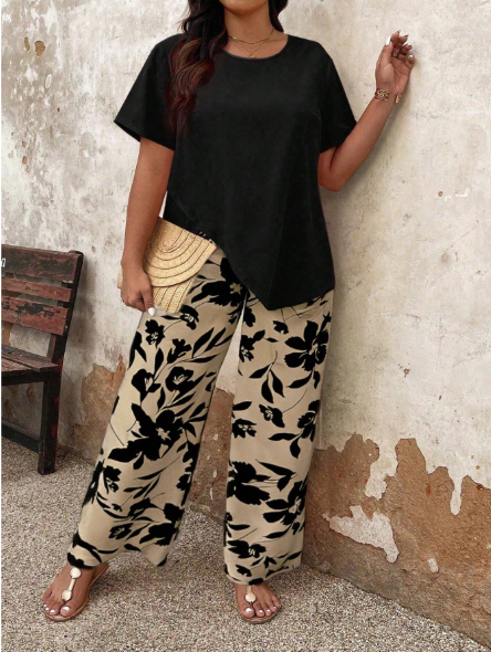 2pcs Plus Size Women Set: Solid Color Asymmetrical Hem Top & Printed Contrast Color Pants