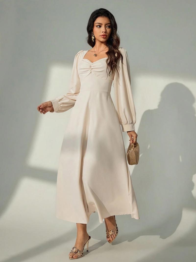 Women's Elegant Square Neck Puff Sleeve Waist Cinched Maxi Dress, Suitable For Daily Commute