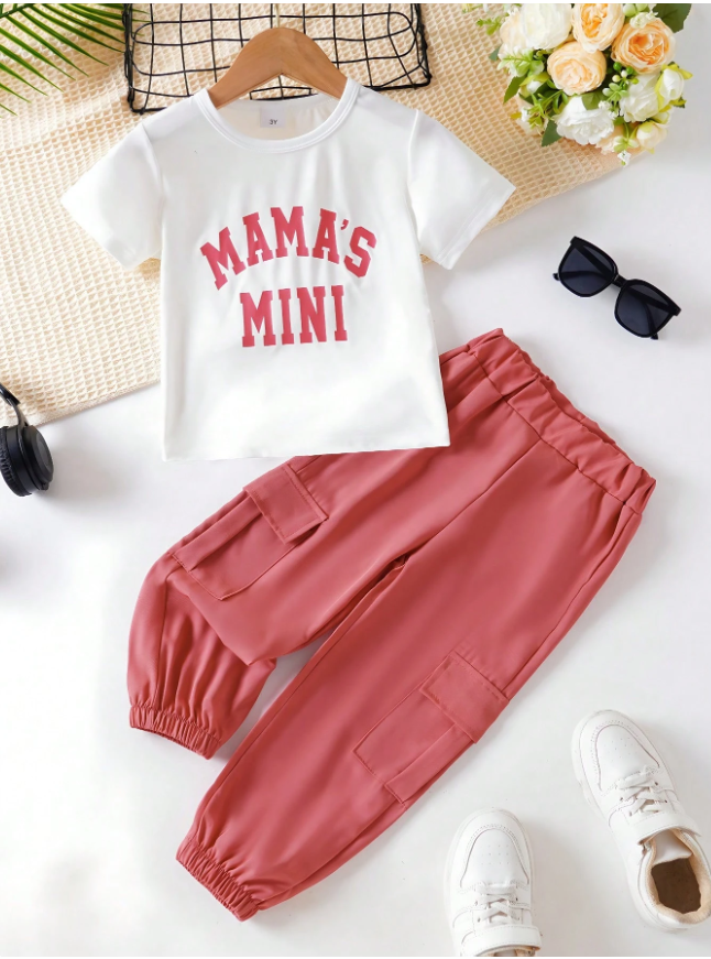 2 Pieces/Set Of Letter Printed T-Shirt And Work Pants For Young Girls, Suitable For Spring And Summer Casual Wear, Fashionable And Suitable For Outdoor Entertainment