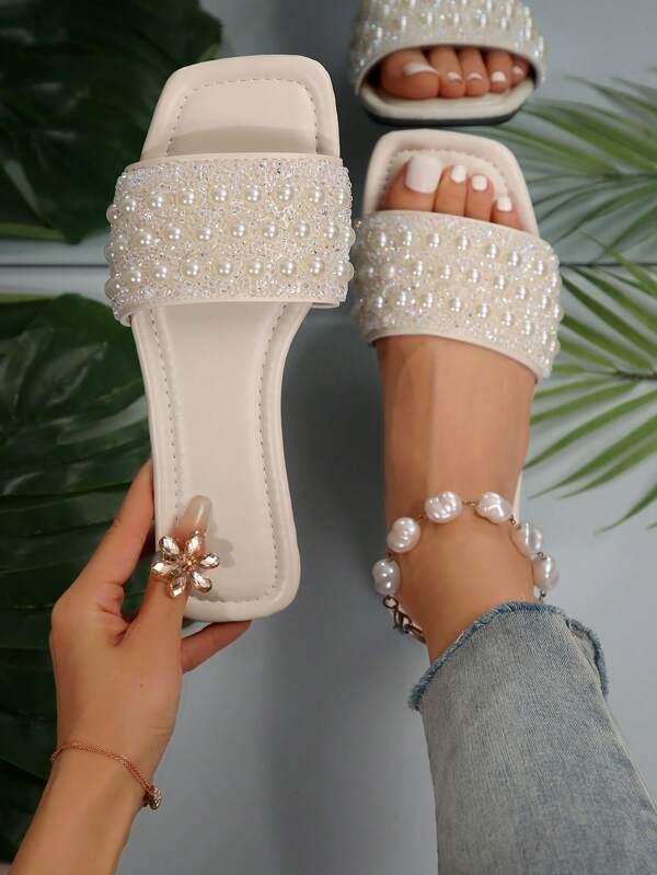 Women's Square Toe Flat  Fashionable Strap Slide Sandals With Bling, Anti-Slip Home Slippers