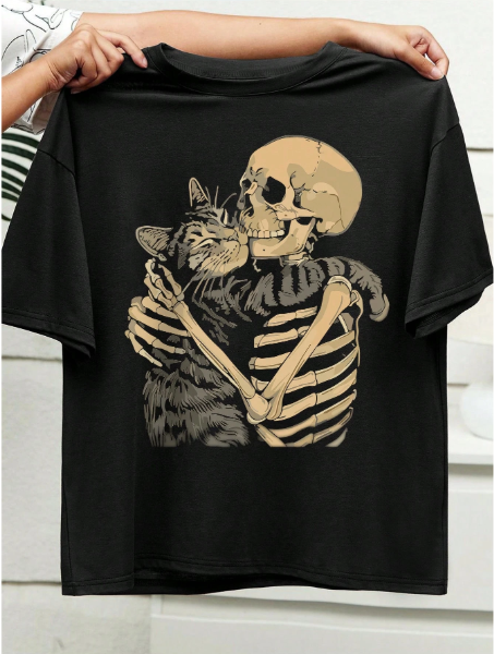Women Casual Skull & Cat Graphic Short Sleeve Round Neck T-Shirt, For Summer