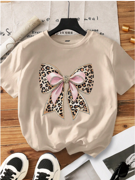 Women Plus Size Summer Leopard Print Bow Short Sleeve Casual T-Shirt
