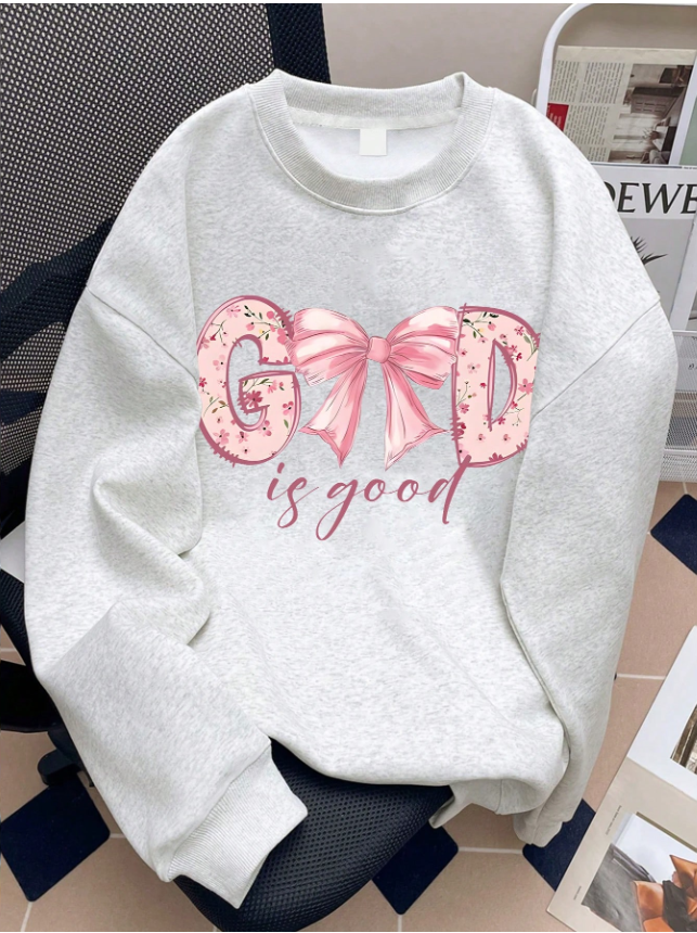 Tween Girl Long Sleeved Round Neck Sweatshirt With "GOD Is Good" Print Pattern, Providing A Comfortable, Fashionable, And Casual New Autumn And Winter Season,For School, Shopping, Streetwear And Vacation Wear