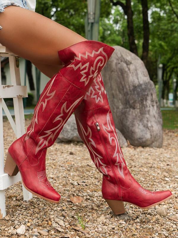 Fashionable Embroidered Western Style Boots With Chunky Heels And Square Toe For Women