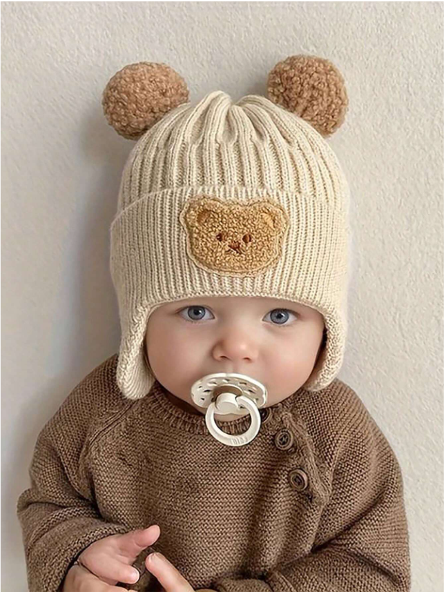 1pc Cute Bear Ear Warmer Knitted Baby Hat For Winter, Korean Style Toddler Thick Warm Beanie Cap, Ear Flap Style Knitted Beanie Hats Set With Pom, Comfy & Soft & Elastic &Thickened, Perfect For Winter Outings