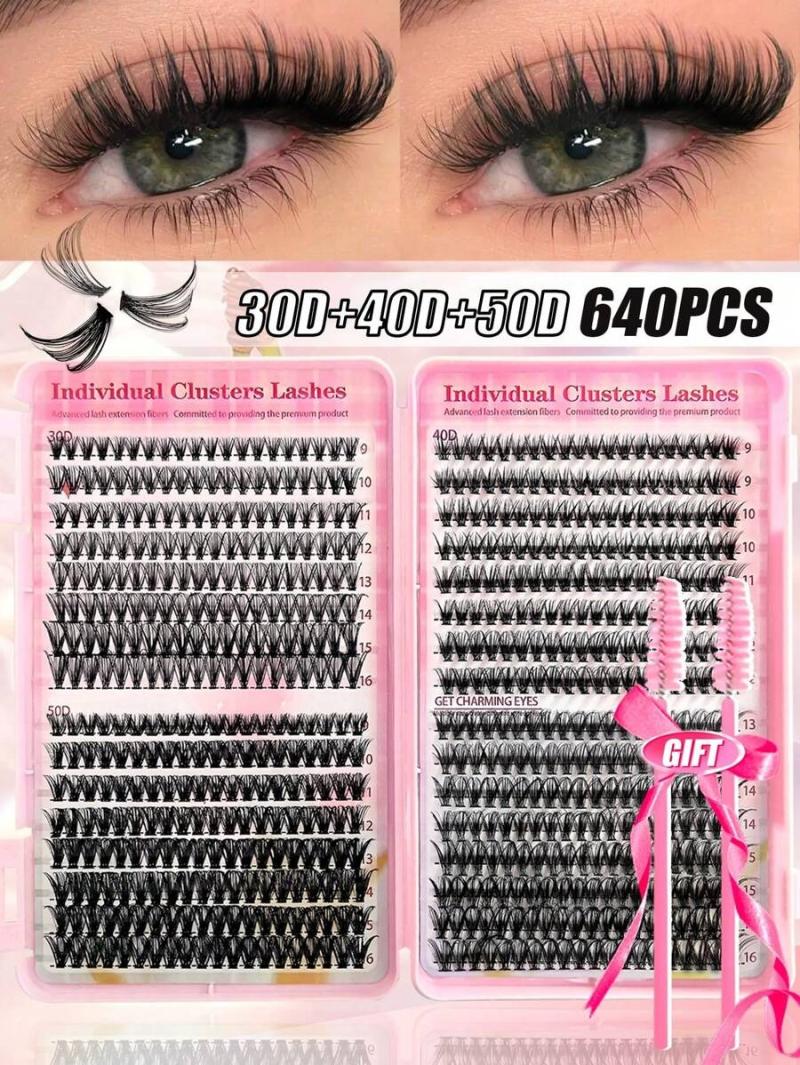 640PCS Individual Lash Clusters Large Capacity 30D+40D+50D D Curl 9-16mm DIY Lash Clusters Natural Look&Extra Thick&Wispy&Ultra Soft&Super Light Reusable Individual Segmented False Eyelashes Eyelash Extension Kit With Makeup Tools 2 Lash Brushes For Begin