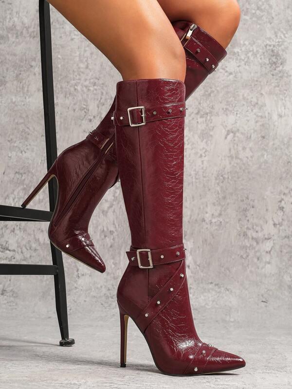 12cm High Heel Sexy Fashion Leather Strap Metal Buckle Studded Pointed Toe Casual Versatile Side Zipper Women Tall Boots,High Heels