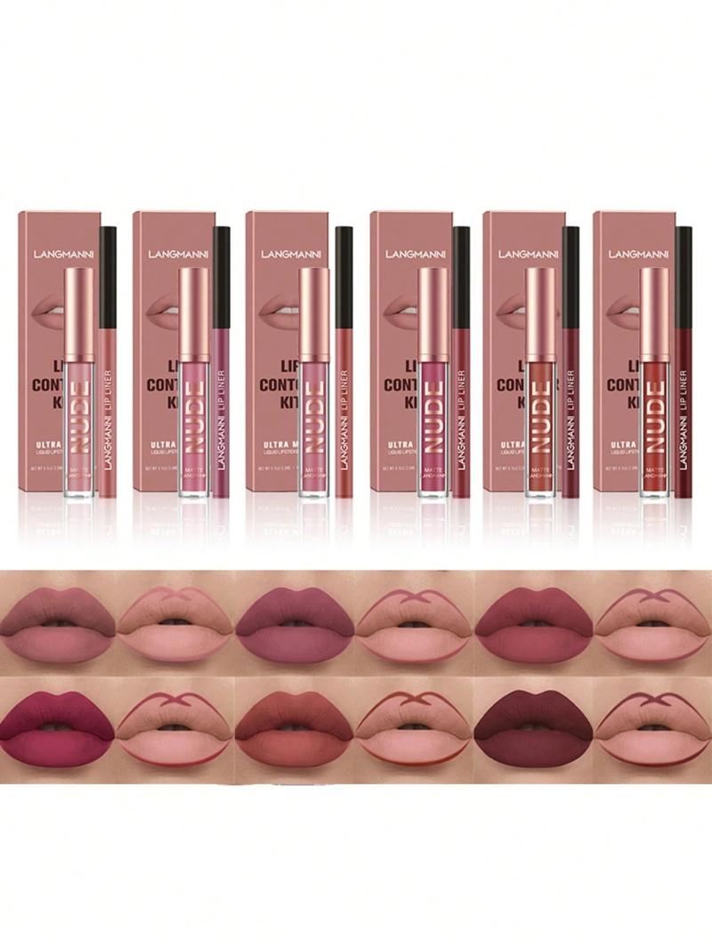 LANGMANNI 2Pcs Lipgloss+Lipliner Long-Lasting Waterproof Liquid Lipstick Makeup Set(#09)