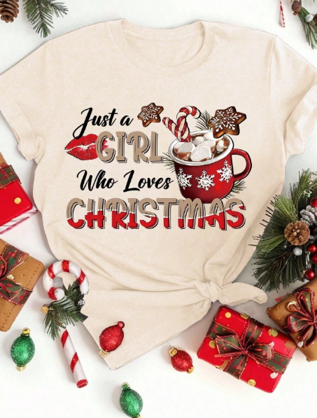 Christmas Women's Plus Size Graphic Alphabet Letter T-Shirt - Polyester Knit Fabric, Short Sleeve, Round Neck, Pullover, All-Season, No Belt, No Detail, Black Style