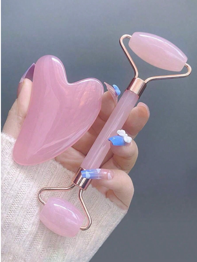 1pc Face Beauty Massage Tool Set, Including Roller, Massage Board, Body Back Scraping Gua Board, Pink And White Options