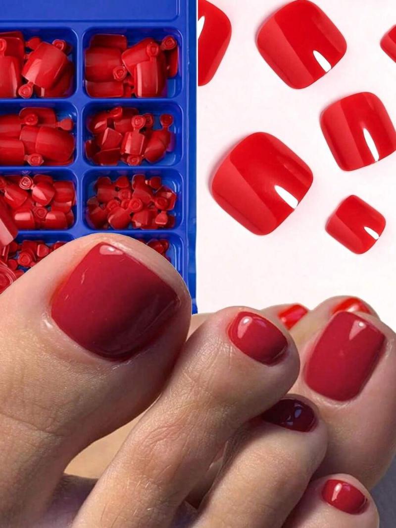 100 Pcs Glossy False Toe Nails 12-Sizes /Box Red Press On Nails Full Cover Short Square Fake Toenails Artificial Pedicure For Women Girls