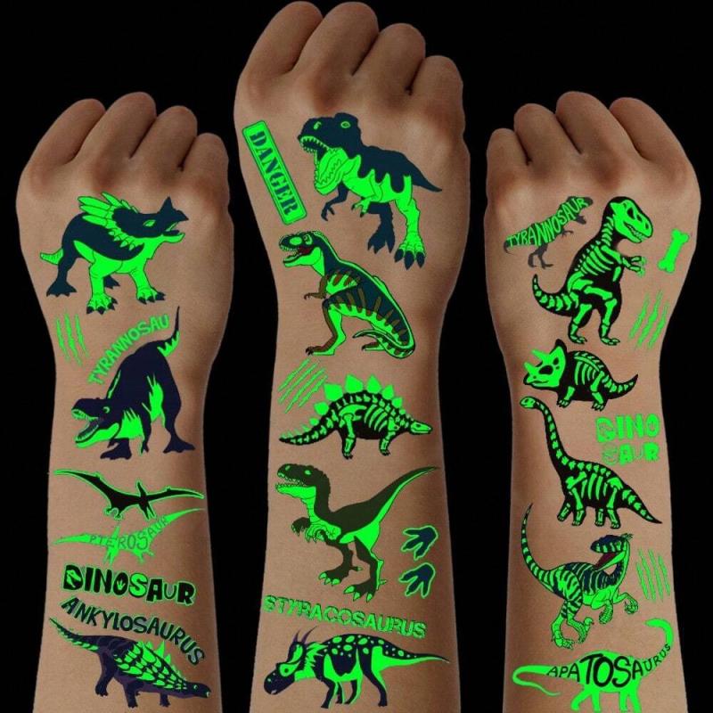10 Sheets Luminous Dinosaur Temporary Tattoos, Waterproof Glow In The Dark T-Rex Pterosaur Velociraptor Triceratops Stegosaur Designs Pattern, Birthday Party Favors, Stocking Stuffer, Goodie Bag Fillers, Christmas Eve Gifts