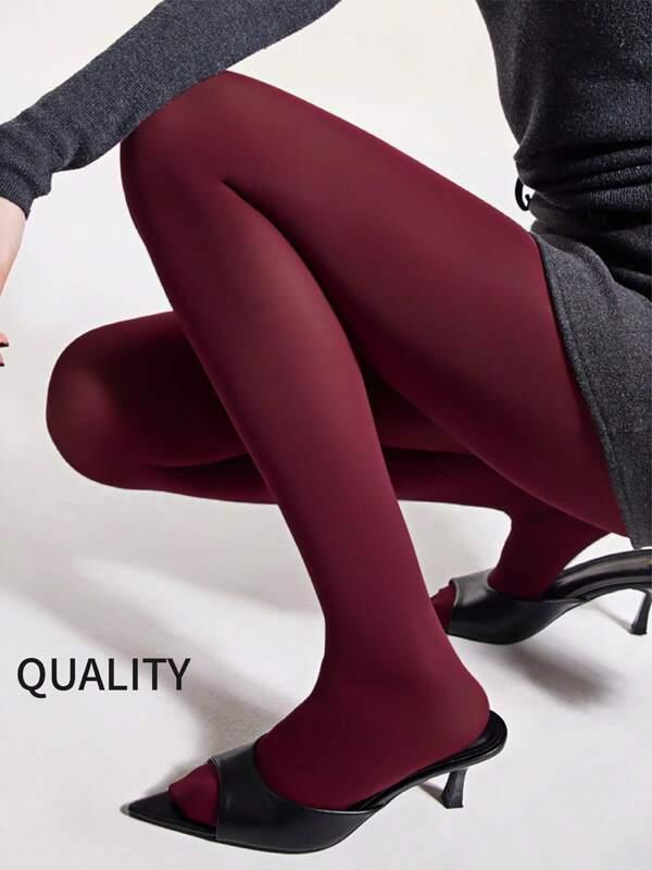 Plus Size Women's Burgundy Sheer Leggings/Tights, Fashionable High Elasticity Slimming Pants Suitable For Business, Office, And Casual Wear