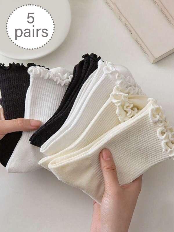 5pcs/Set Ladies White Ruffled Frill Trim Soft & Breathable Crew Socks, Suitable For Casual, Festive, Outdoor Wear, All Seasons, Fall