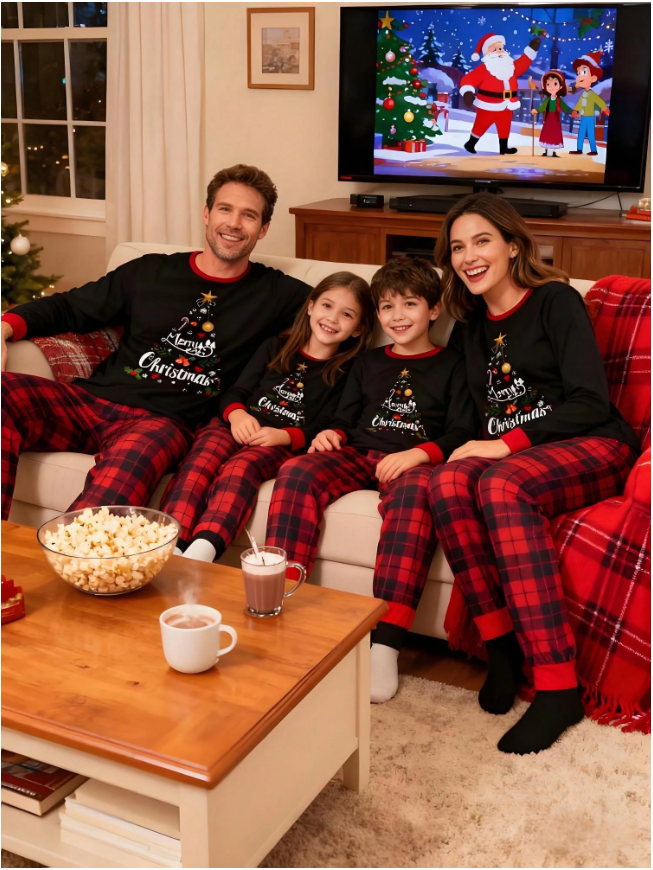 Christmas Pajama Set For Parents And Children - Long-Sleeved Top With Letter And Snowflake Print + Plaid Trousers, Soft Pure Cotton Loungewear, Suitable For A Family Of Four. Homewear Set, Parent-Child Set.