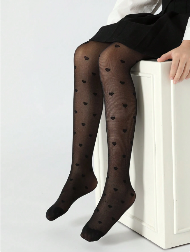 1/2/3/5 Pairs Girls Leggings, Children Tight Pants, Infant Leggings, Black, Solid Color, Kids Dance Pants, Footless Mesh Leggings, Cartoon Heart Pattern, Jacquard Thin Style, High Stretch Footless Mesh Stockings, Mesh Socks, Dance Socks
