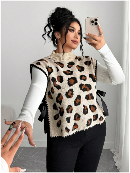 Women's Elegant Leopard Print Tie-Up Sleeveless Loose Knit Vest Sweater, Plus Size For Autumn/Winter