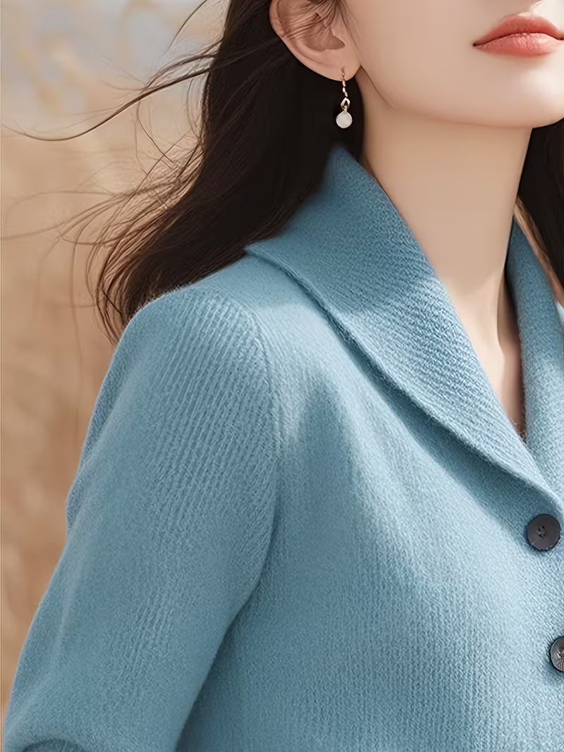2025 New Soft Blue Women's Elegant Cardigan Sweater | Cozy Fall Winter Layering Piece for Casual & Formal Outfits, Durable Knitwear, Button-Front with Stand-Up Collar