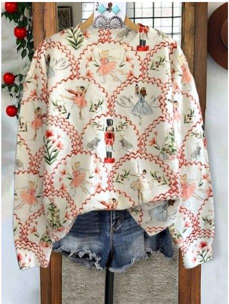 Plus Size Women's 2025 Christmas Nutcracker Random Print Ladies' Autumn/Winter Fashion Casual Versatile Christmas Long-Sleeved Crew Neck Knitted Pullover