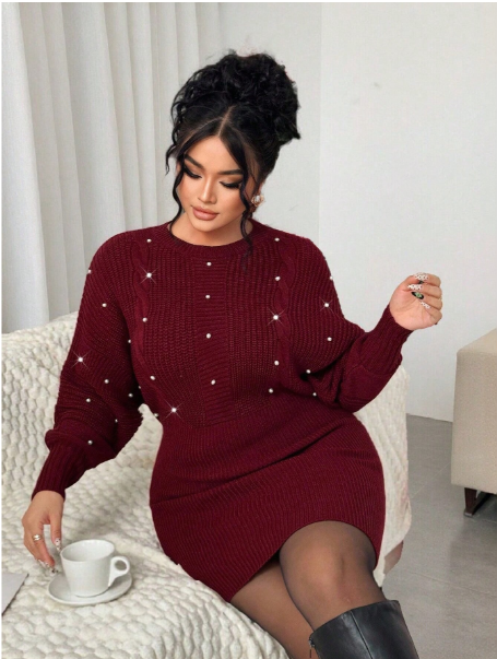 Christmas Women's Elegant Loose Beaded Long Sleeve Plus Size Sweater Dress, Suitable For Dates And Nights Out, Autumn/Winter