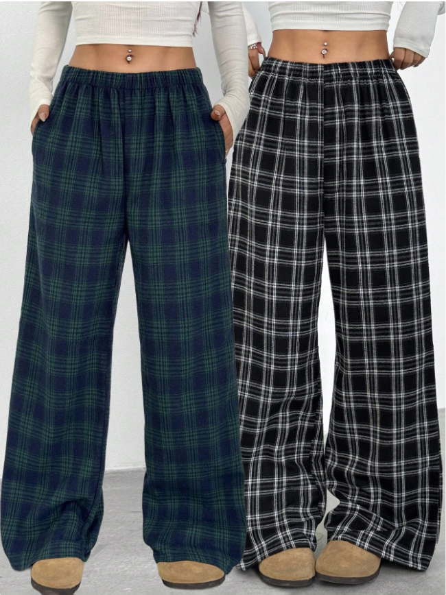 2pcs/Set Teen Girl Casual All-Match Versatile Plaid Loose Fit Pants, Suitable For School, Daily & Street Wear Fall Winter