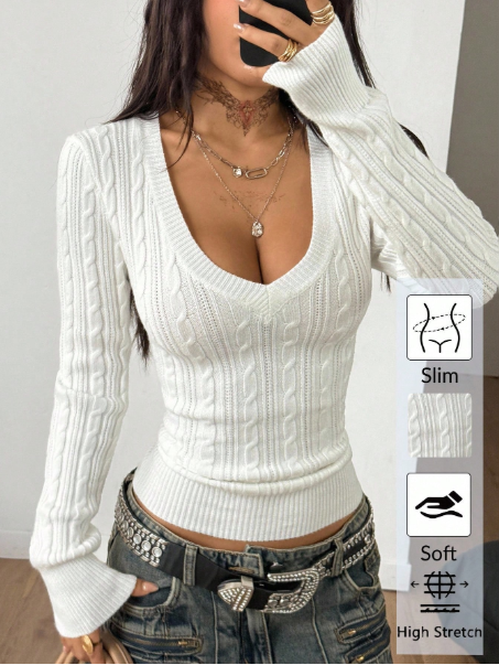 Women's Fall Winter Vintage Preppy Y2K Daily Wear Going Out Renaissance Fair Club Outfits White V-Neck Sweater