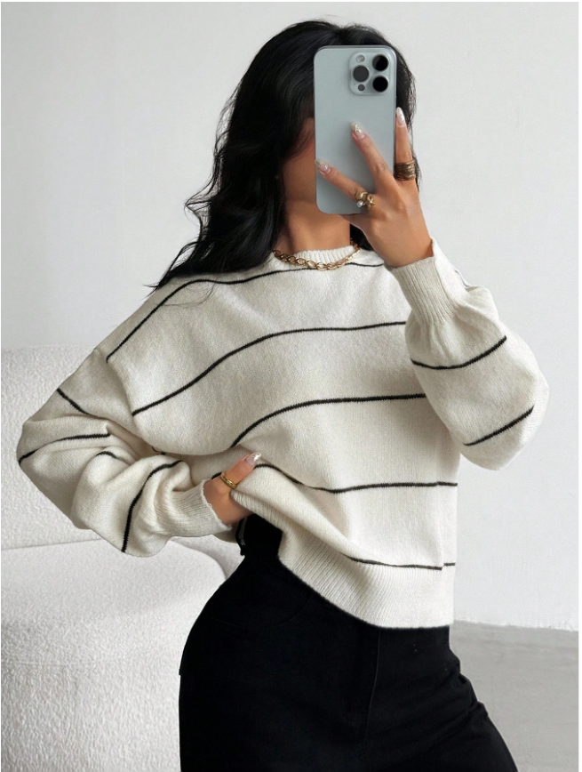 Winter Clothes Loose Casual Striped Pullover Sweater For Teen Girls, Comfortable & Versatile, Thick & Warm For Autumn/Winter Sweater Girl Knit Sweater Sweaters Teen
