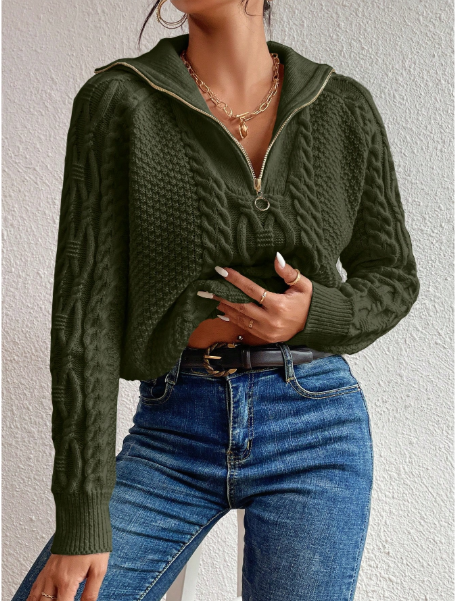 Cable Knit Half Zip Raglan Sleeve Sweater,Long Sleeve Tops Knit Pullover Fall Winter Outfit