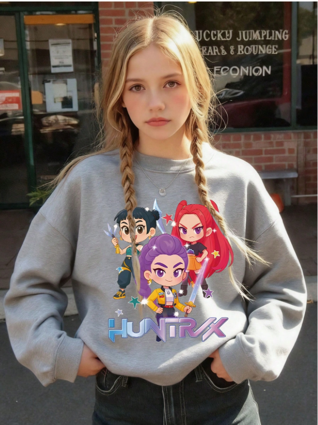 Tween Girls' Clothing: Loose, Versatile, Fashionable Grey Crew Neck Sweatshirt With Cute Girl Group Print And Hood, Perfect For Fall And Winter.