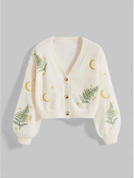 Fairycore Plus Size Women's Leaf & Moon Embroidered Long Sleeve Cardigan, Apricot Color/Winter