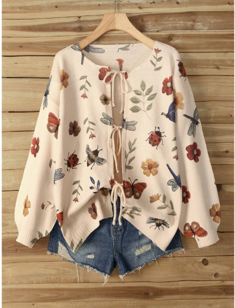 Women's Solid Color Retro Plus Size Floral Print Cardigan With Bow Tie, Suitable For Halloween, New Year, Valentine's Day, Thanksgiving, Christmas, Easter, Gala, New Year's Eve,